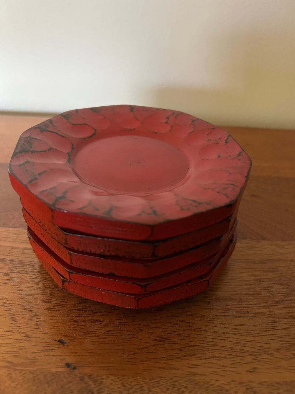 Vintage Kamakura-Bori Carved Red Lacquer Coasters, Japanese Style, Set of 5